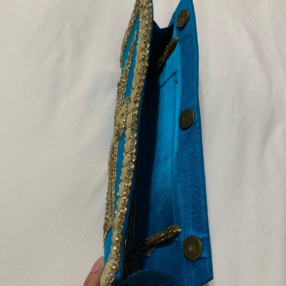 Blue & Gold South Asian Inspired Clutch- Raw Silk - Picture 8 of 12